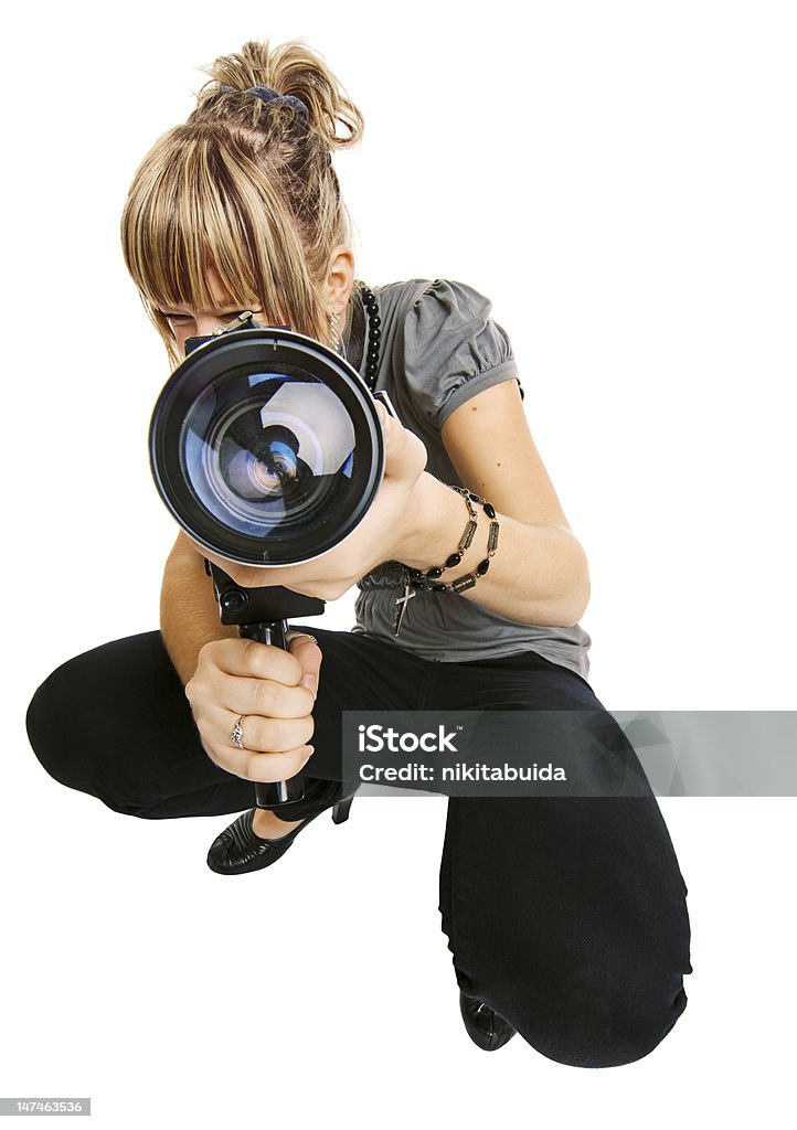 Bellissima ragazza fotografo isolato su sfondo bianco - Foto stock royalty-free di Adulto