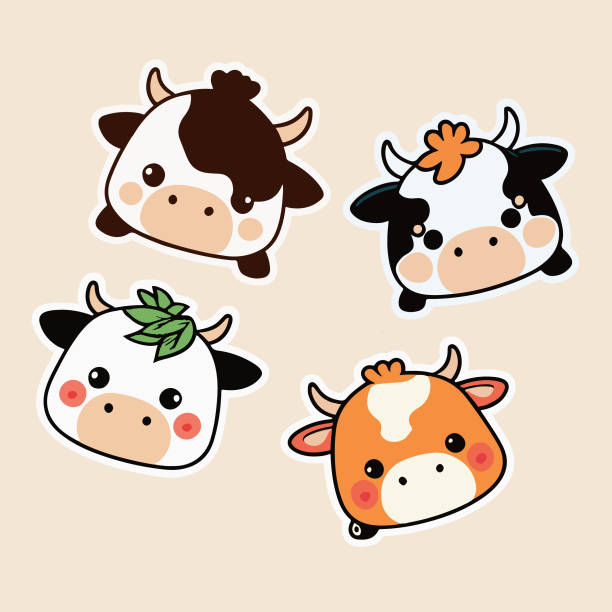 ilustraciones, imágenes clip art, dibujos animados e iconos de stock de conjunto de divertidas y lindas pegatinas de vacas ilustración. linda ilustración vectorial de vaca - cartoon cow cute vector