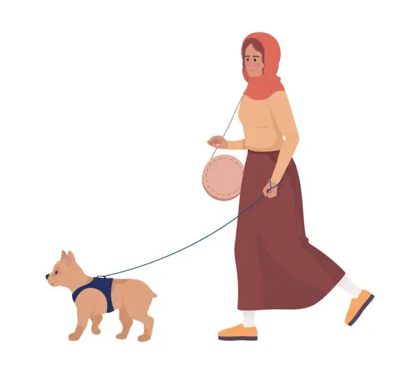 Vector illustration of Happy young woman walking dog on leash semi flat color vector character