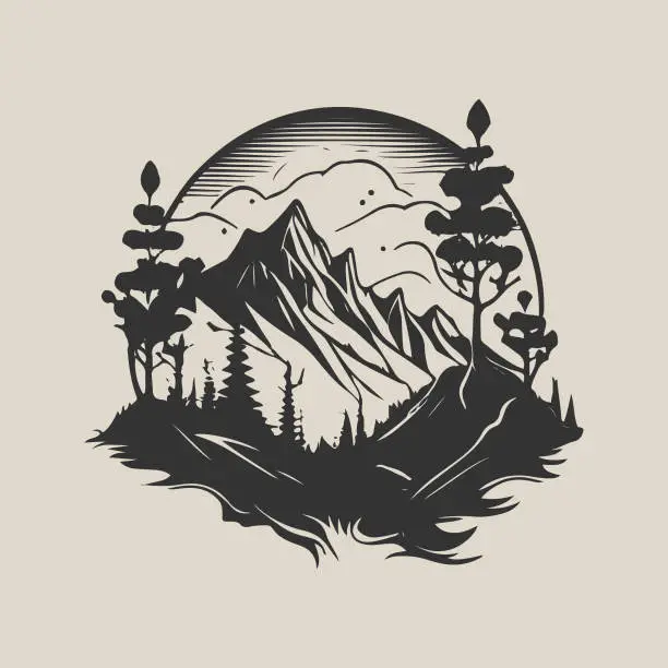 Vector illustration of vector vintage monochrome mountains and trees. Mountain badge vector