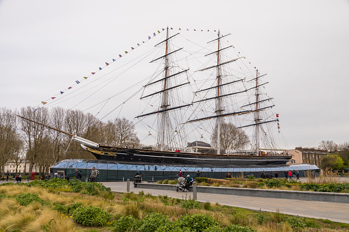 LONDON, UK - 05 April 2019: Greenwich, London, Cutty Sark is a British clipper ship. She was one of the last tea clippers to be built and one of the fastest.