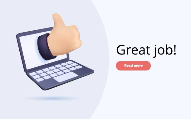 istock 3D thumb up or like hand gesture website landing page vector illustration with laptop. Like good, great job, appreciate 1474638388