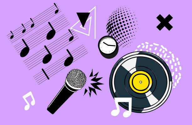 istock Art collage with music notes and microphone. Music plate and disco modern abstract design vector 1474638967