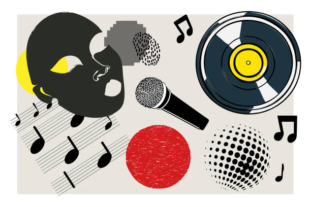 istock Party time realistic art collage with vinyl music plate and notes. Disco musical poster design 1474638984