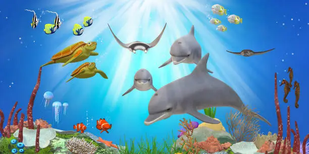 Photo of Illustration of the underwater world with dolphins and tropical fishes.