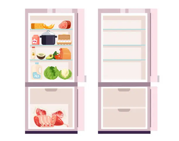 Vector illustration of Fridge open full of food and empty goods isolated set concept. Vector graphic design element illustration