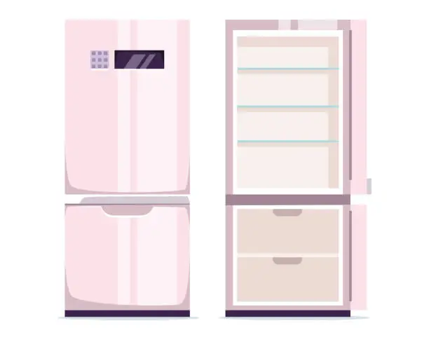 Vector illustration of Fridge refrigerator open close empty freezer isolated concept set. Vector graphic design element illustration