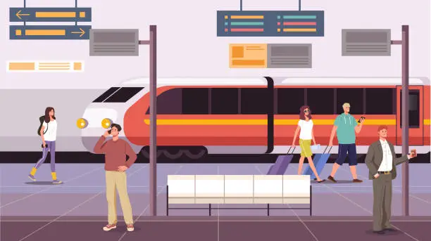 Vector illustration of Platform subway train commute station metro railway people crowd. Vector graphic design illustration