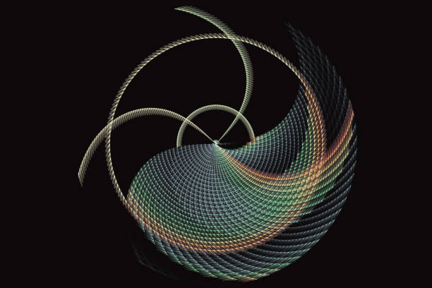 Green semicircular pattern of crooked waves on a black background. Abstract fractal 3D rendering