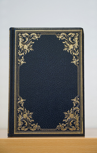 Blue and blank cover old lexicon book in vertical position with golden decorative roses