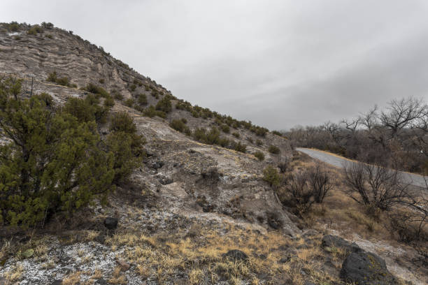 lato di una montagna con chiazze di neve e cespugli con cielo coperto - new mexico landscape arid climate plateau foto e immagini stock