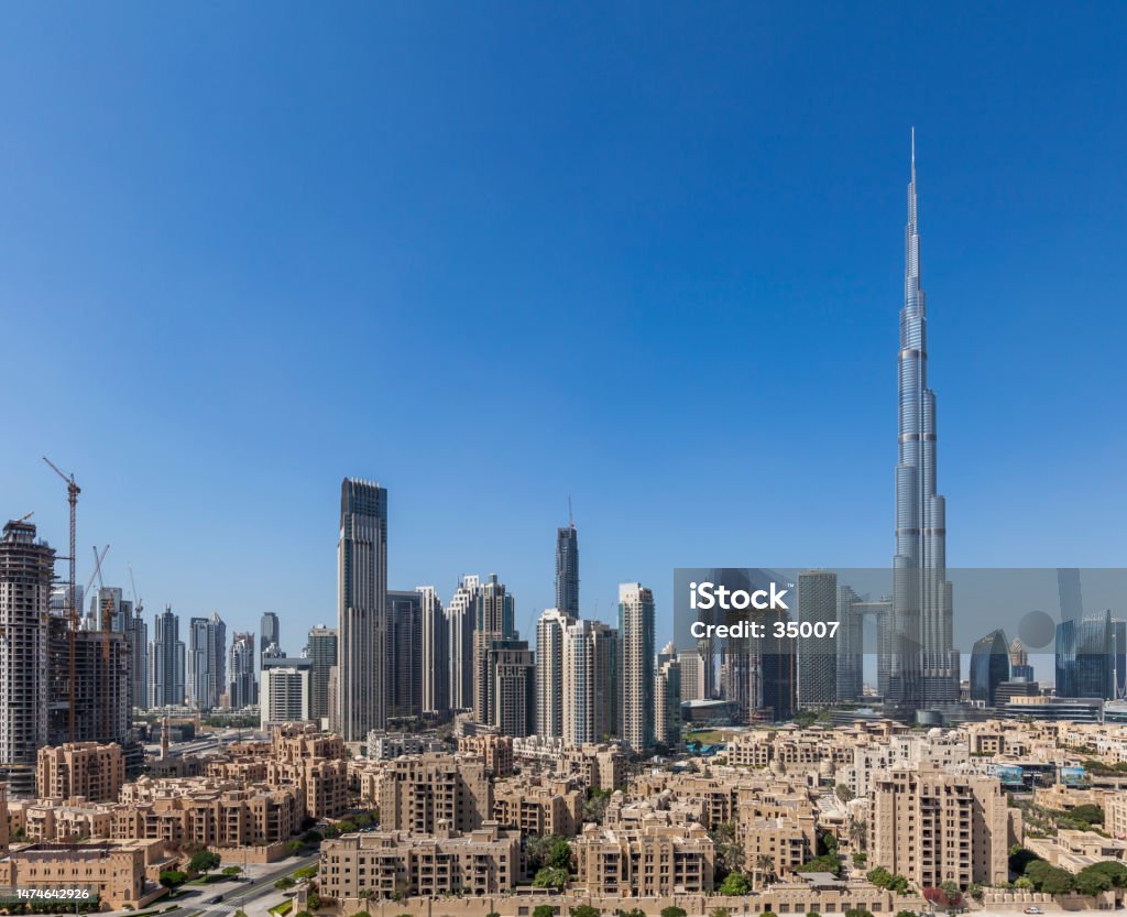 dubai city skyline, uae dubai city skyline in united arab emirates. Aerial View Stock Photo