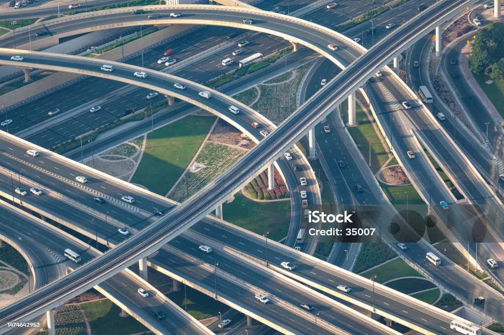 intersection, dubai, uae huge road intersection in dubai city, united arab emirates. Aerial View Stock Photo