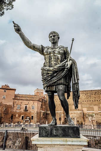 The bronze imitation of the Roman statue of the Emperor Caesar Augustus, placed in front of the Forum of Trajan, Rome, Italy
