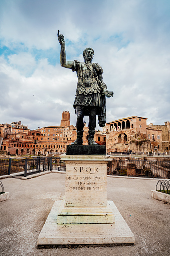 The bronze imitation of the Roman statue of the Emperor Trajan, placed in front of the Forum of Trajan, Rome, Italy