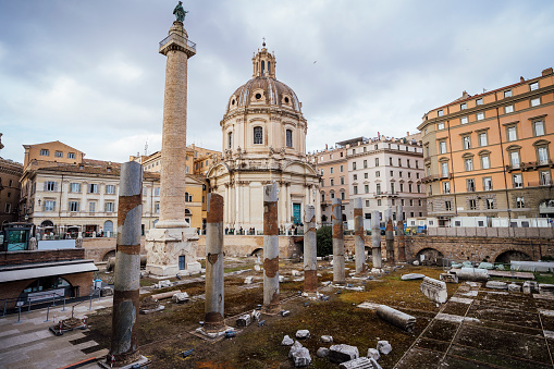 Roman forum with Trajan columns and basilica Ulpia, Rome, Italy