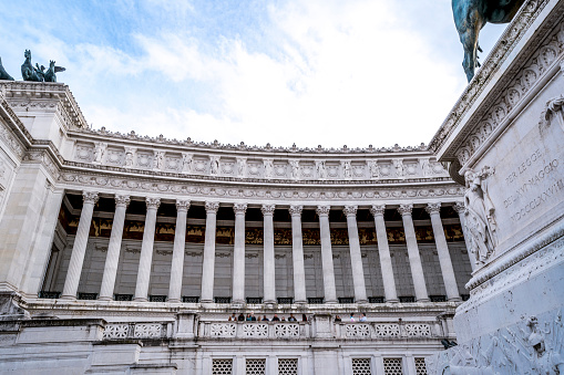The imposing colonnade of the Altare della Patria or Vittoriano in downtown Rome, Italy