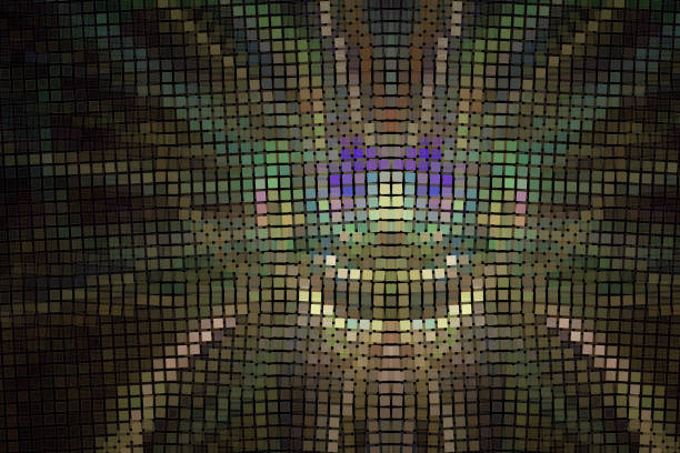 Green orange mosaic pattern of small squares on a black background. Abstract fractal 3D rendering