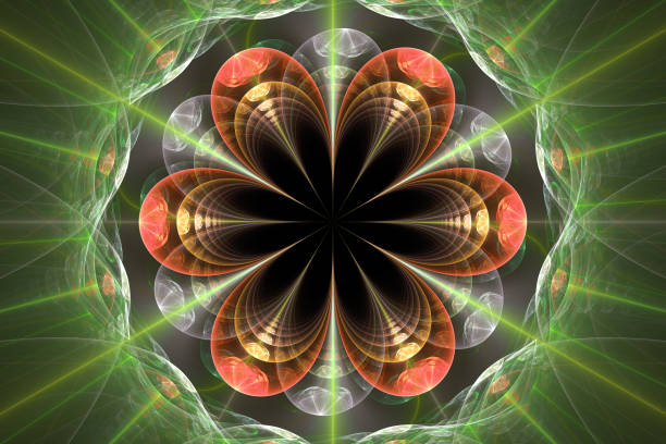 Orange green floral pattern of crooked waves on a black background. Abstract fractal 3D rendering
