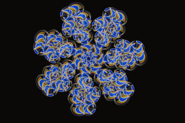 Blue orange floral pattern of curved shapes on a black background. Abstract fractal 3D rendering
