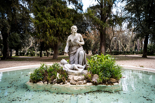 Beautiful fountain of Moses in the Villa Borghese gardens in Rome, Italy