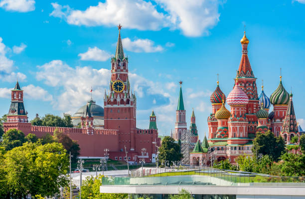 Moscow skyline with Cathedral of Vasily the Blessed (Saint Basil's Cathedral) and Spasskaya Tower on Red Square, Russia stock photo