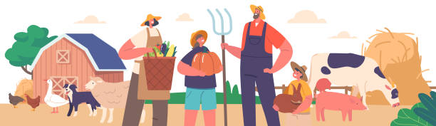 Family Farmers Work On The Land, Raising Crops And Livestock For Their Livelihood. Generation Of Parents And Children Family Farmers Work On The Land, Raising Crops And Livestock For Their Livelihood. Generation of Parents and Children Characters on Agricultural Landscape. Cartoon People Vector Illustration farmer son stock illustrations