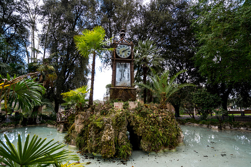 Old water clock (hydro chronometer) made by Giovan Battista Embriaco in 1867 in Villa Borghese park, Rome, Italy