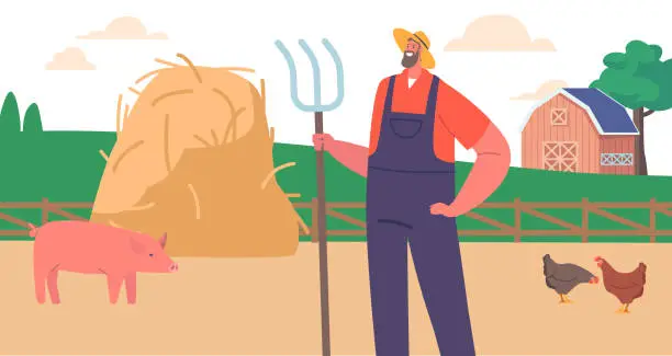 Vector illustration of Farmer Man Wearing Straw Hat And Overalls Stand In Field With Pitchfork In Hand. Hard Work Agricultural Employee