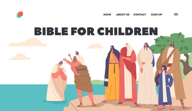 Vector illustration of Bible for Children Landing Page Template. John The Baptist Baptizing Jesus In River with People Watching from the Coast