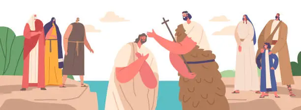 Vector illustration of John The Baptist Baptizing Jesus In River With Crowd Watching. Significant Event In Christian History, Religious Concept