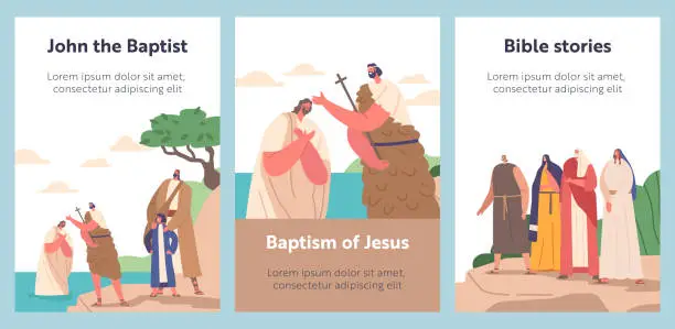 Vector illustration of Cartoon Banners with John The Baptist Baptizing Jesus Christ In Jordan River. Scene or Story Represent Christian Act
