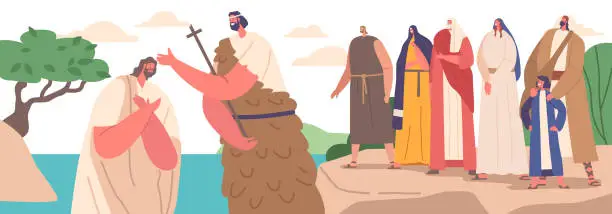 Vector illustration of John The Baptist Baptizing Jesus In Jordan River Biblical Scene Represent Christian Religious Symbolic Act Holy Spirit
