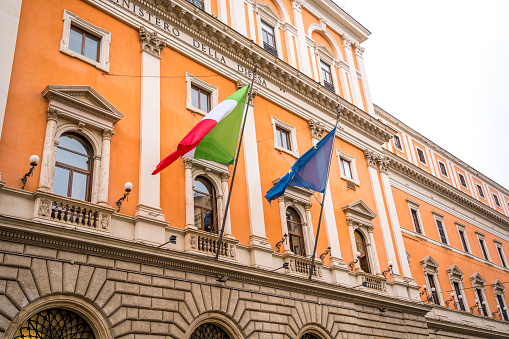 Italian Ministry of Defense. Flag of Italy and the European Union on the building, Rome, Italy