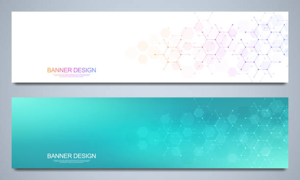 Banner design templates and headers for site with molecular structures background and chemical engineering. Science, medicine and innovation technology concept. Banner design templates and headers for site with molecular structures background and chemical engineering. Science, medicine and innovation technology concept. Vector illustration header footer template stock illustrations