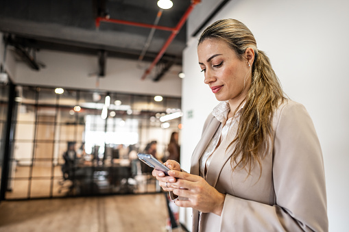 Mature businesswoman using mobile phone at office
