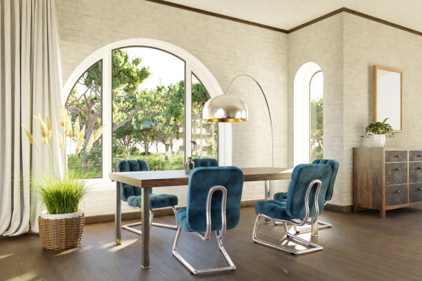 istock luxurious loft apartment with arched window and landscape view; noble dining room interior design mock up; 3D Illustration 1474654633
