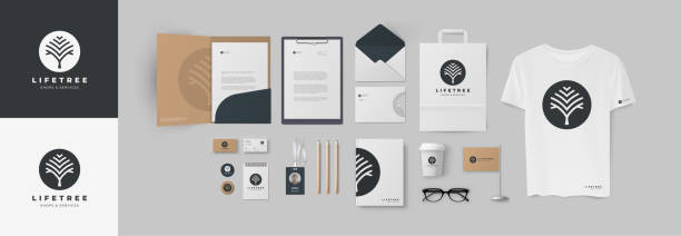 Black corporate identity style with tree logo and paperboard background Premium craft stationery design with modern branding folder, business cards, bag and envelope, cup and notepad, t-shirt and pen model s stock illustrations