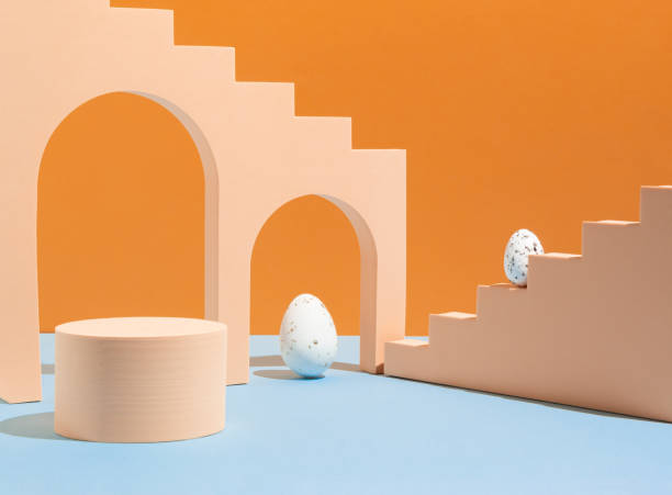 Podium, stand for product presentation and Easter eggs. Mockup for branding and festive packaging presentation. Minimal food  concept. Modern aesthetic.