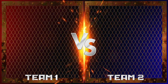 Team Versus Battle banner with collision of metal grids with sparks and inscriptions VS, team 1, team 2. Fight versus battle, MMA, Boxing, games. 3D metal letters VS on a red-blue background. Vector