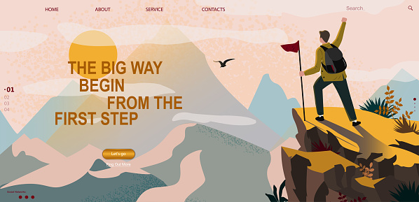 Web banner on the theme of sport tourism, Climbing, hiking, walking. Man with flag and backpack enjoys mountain view and nature. Sports, outdoor recreation, adventures in nature, vacation. Vector