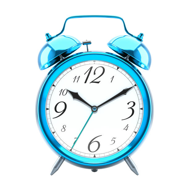 istock Alarm clock, vintage style blue metallic color clock with black hands. 1474656599