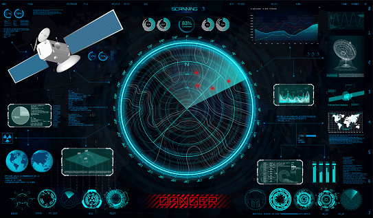 Radar screen and elements interface in HUD style ( Blip, dashboards, dish, circle elements, Satellite and Antenna) Military search system HUD for Game and Gui. Blip Sci-fi elements collection. Vector