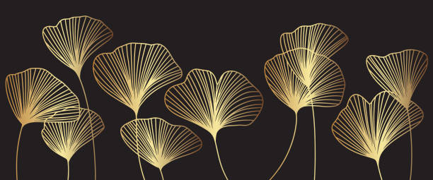ilustrações de stock, clip art, desenhos animados e ícones de golden linear ginkgo biloba leaves - leaf black background line art nature