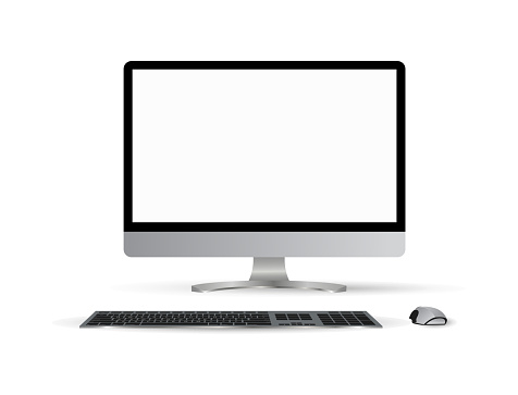 Monitor PC mockup. Trendy realistic thin frame monitor or Pc with mouse and keyboard isolated on white background. 3d realistic gadgets. Layout for web site, presentation, or advertising.