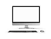 istock Monitor PC mockup. Trendy realistic thin frame monitor or Pc with mouse and keyboard 1474660139