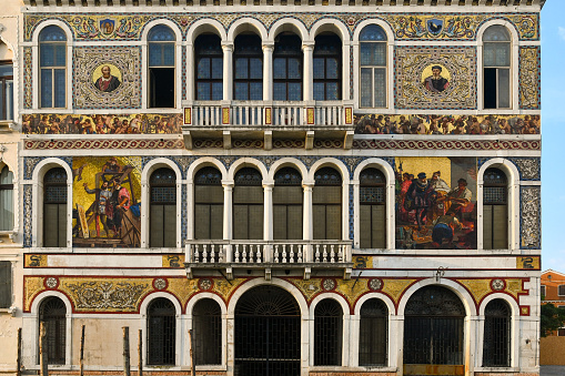 Venice, Veneto, Italy - 08 26 2022: Palazzo Barbarigo was building in 16th century and overlooking the Grand Canal.