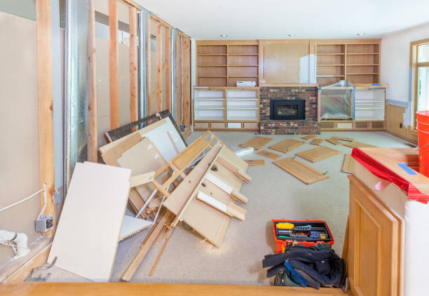 Demolishing existing room Family room being stripped in preparation for remodel drywall fireplace stock pictures, royalty-free photos & images