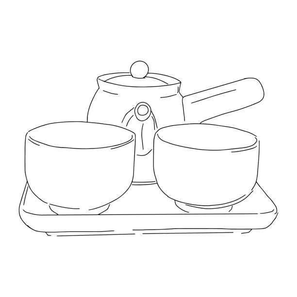 Vector illustration of sketch of teapot and two cups on a tray