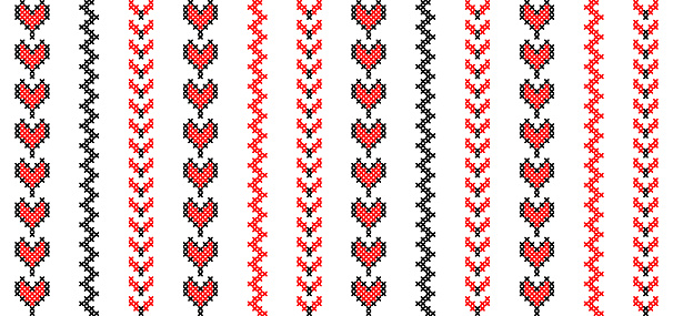 Ukrainian heart fashion pattern, vector seamless ornament. Modern striped print. Folk, ethnic decoration in red and black. Ukrainian fashion pattern. Pixel art, vyshyvanka, cross stitch.
